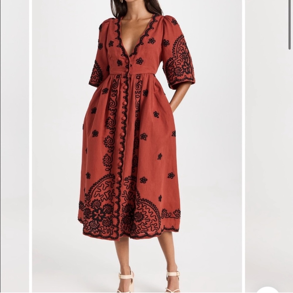 RHODE Rust Midi Dress with Black Embroidery Detailing - Picture 4 of 9